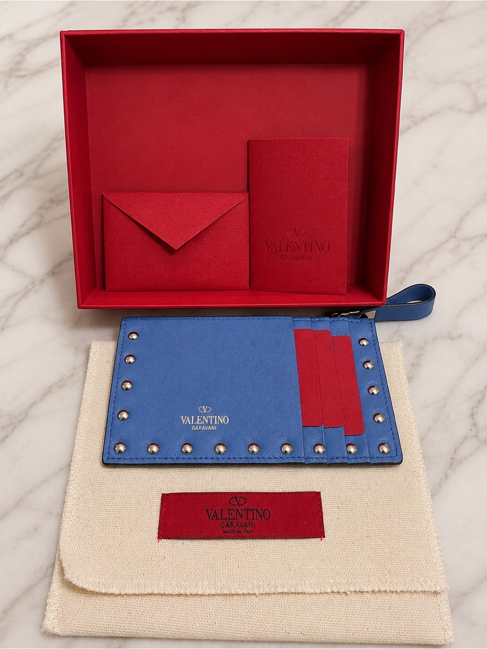 Valentino Garavani Rockstud Zip Card Holder Wallet Blue Calf Leather